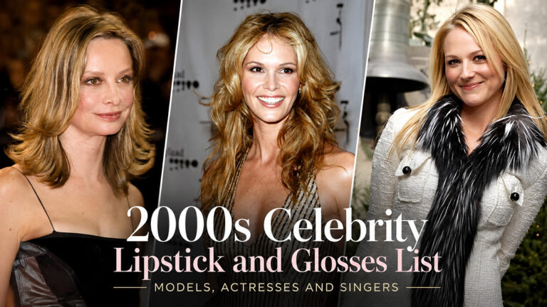 Split-image collage featuring Calista Flockhart, Elle Macpherson, and Jewel wearing glossy early 2000s lipstick and makeup styles.