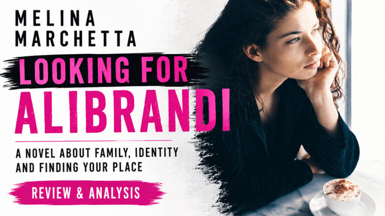 Looking for Alibrandi review graphic with a thoughtful young woman, the book title and themes of family, identity and belonging.