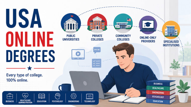 Male student studying online with icons representing public universities, private colleges, community colleges, and online degree providers in the United States.