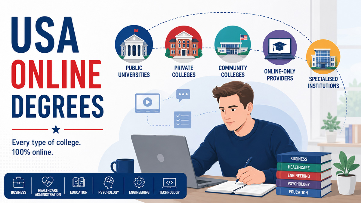Male student studying online with icons representing public universities, private colleges, community colleges, and online degree providers in the United States.